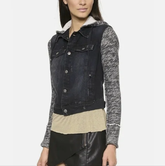 Free People Rumors Hooded Denim Jacket | M | Distressed Denim Knit Sleeves Goth - Picture 2 of 15